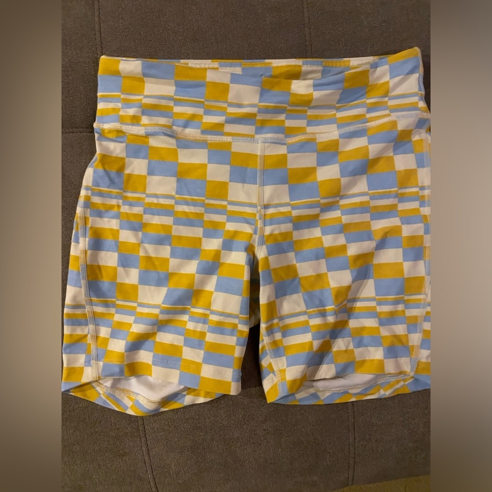 Outdoor Voices Bike Shirts patterned blue and yellow